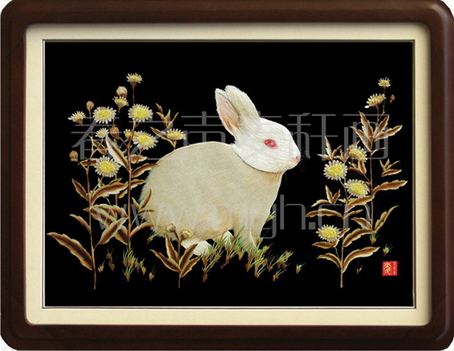 麦秆画装饰画白兔